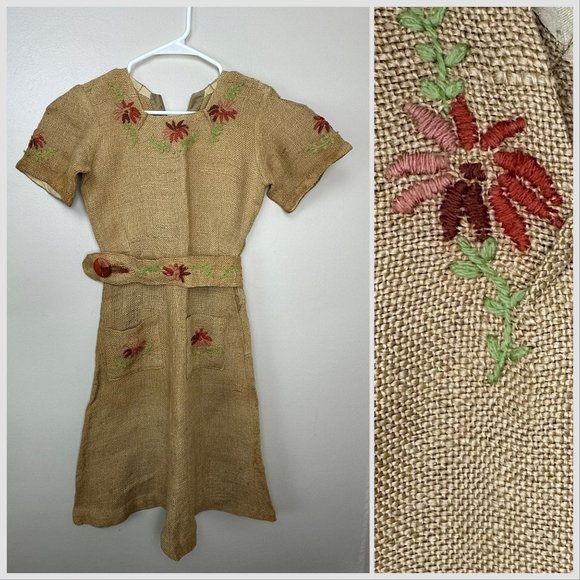 Vintage 1930s/40s Burlap Dress, Upcycled Standard Railroad Bean Bag, Feed Sack